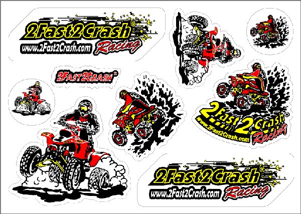 NINE COLORFUL ATV RACING DECALS printed and die cut on super-tough 4-mil NINE COLORFUL ATV RACING DECALS printed and die cut on super-tough 4-mil